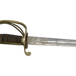 George V Canadian Army Service Corps (CASC) sword, made by Clement Gray Sheffield, the 89cm etched blade with GRV cyper and Royal Army Service Corps insignia makers mark 'Clement Grey Sheffield', numbered 6018 on spine, steel swept three bar hilt, shagreen covered grip, in steel scabbard with leather cover, overall L109cm