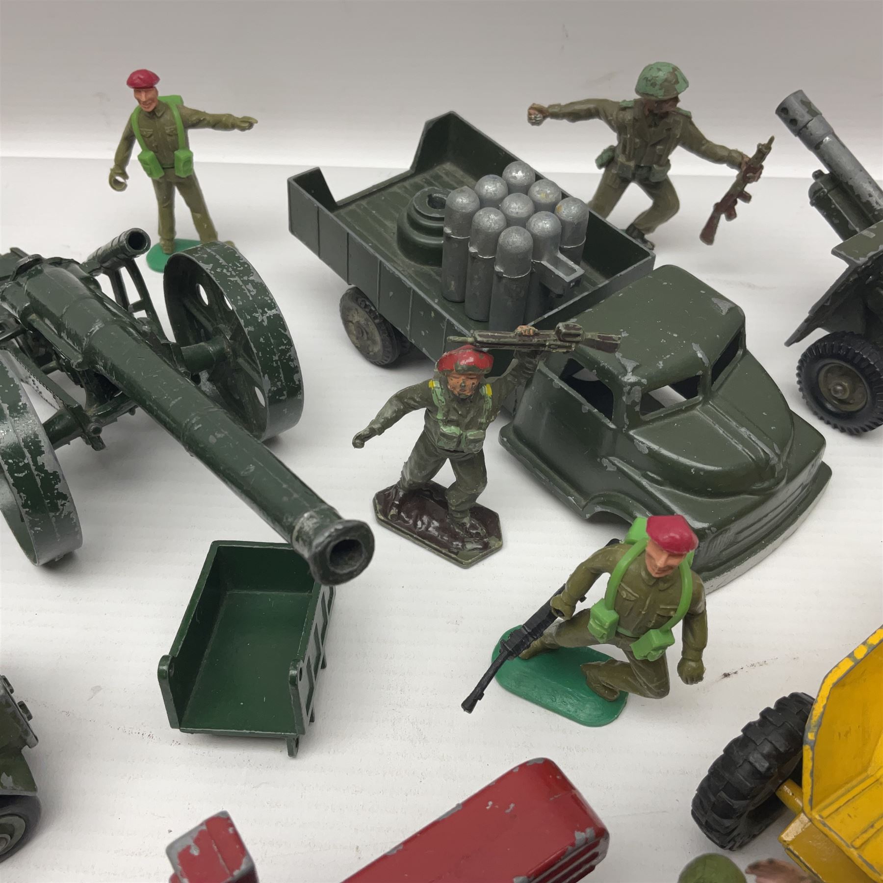 Various makers - unboxed and playworn die-cast models including Dinky Thornycroft Mighty Antar Tank Transporter No.660 and Centurion Tank No.651, other military and farm vehicles; and quantity of loose plastic soldiers and other figures by Crescent, Britains etc