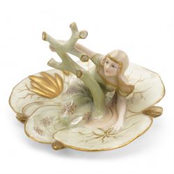 Ernst Wahliss for Turn Wien Austrian Art Nouveau dressing table set, comprising tray, pair of trinket boxes, ring tree and a pair of candle sticks, decorated with maidens and stylised flowers, tray unmarked, tray 42.5cm x 24cm