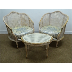  White painted wood bamboo conservatory suite with canework panels and curved shaped backs comprising two seat settee, W140cm, a pair of armchairs, W75cm and an oval coffee table, all on cabriole legs (4)  
