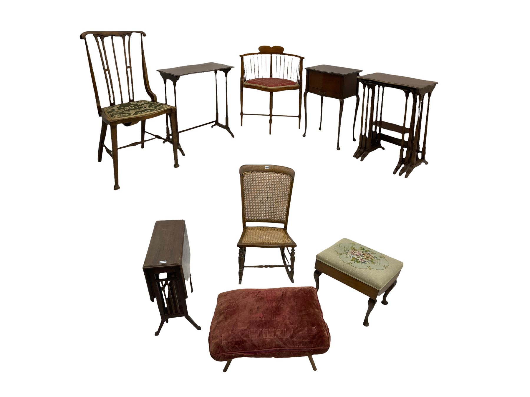 Edwardian corner chair, sewing box, nest of tables, two chairs, luggage stand, stool, drop leaf table and occasional table