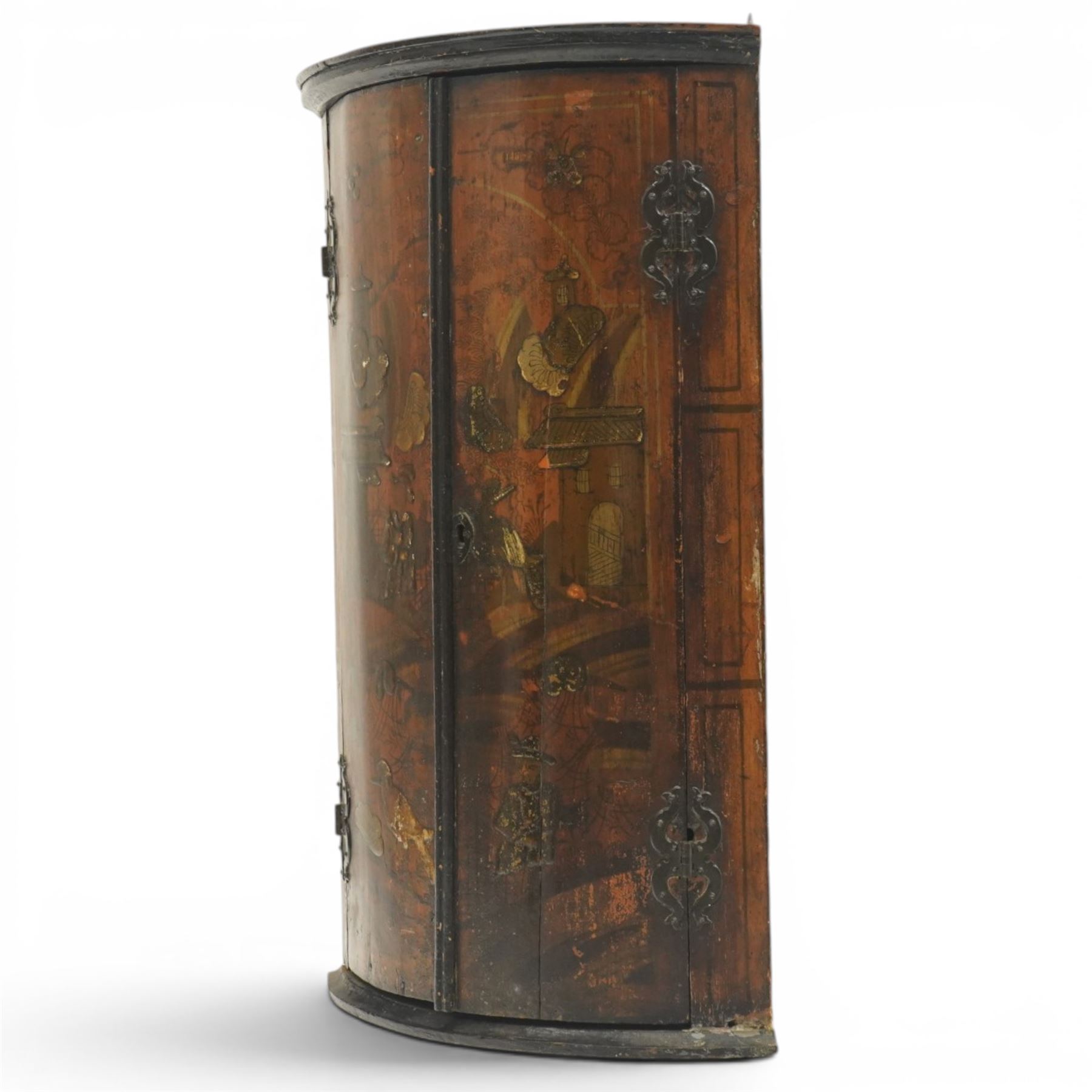 George III period lacquered chinoiserie cylindrical corner cabinet, decorated with traditional pagoda and exotic bird scenes, enclosing two shelves