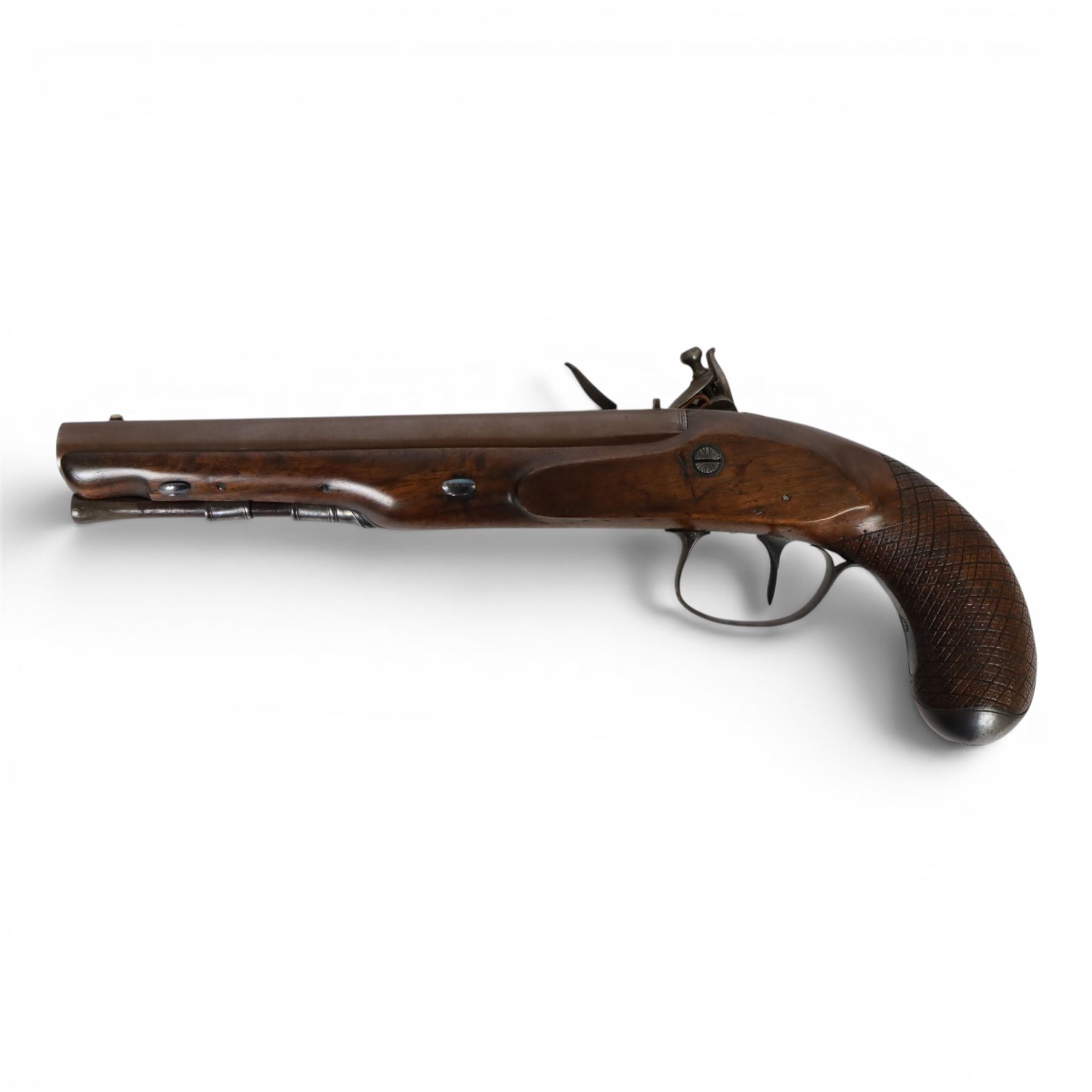19th century British flintlock pistol by Tatham and Egg, with 21cms Damascus steel sighted barrel with original browning, marked along the top Tatham and Egg London, ramrod beneath, tang and trigger guard engraved with floral scrolls, figured walnut stock with chequered grip and steal butt plate, together with Dixon & Sons Sheffield, three way pistol powder flask, pistol overall L34cm