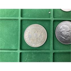 Coins and medallions including, York 1811 one shilling cattle and barber silver token, United States of America 1883O silver Morgan dollar, birds of destiny medal by Malcolm Appleby, Great British King George V 1930 halfcrown, King Edward VII 1902 silver medal, King George V 1916 halfcrown etc, housed in a case with lift out green coin trays