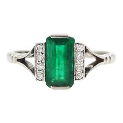 Early 20th century platinum emerald cut emerald and eight stone single cut diamond ring, stamped PT, emerald approx 0.70 carat