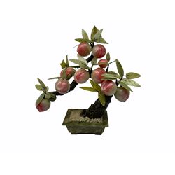 Two hardstone and soapstone models of bonsai trees, one in the form of a  peach tree, H36cm.  