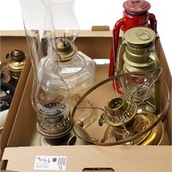 Swedish copper King of Stoves, another smaller, Tilley paraffin pressure iron, various table oil lamps and hurricane lamps