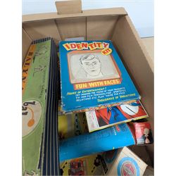 Collection of boxed vintage board games, including Balyna Cricket, Identity Kit, Gyroscopes, Waddingtons Scoop, etc