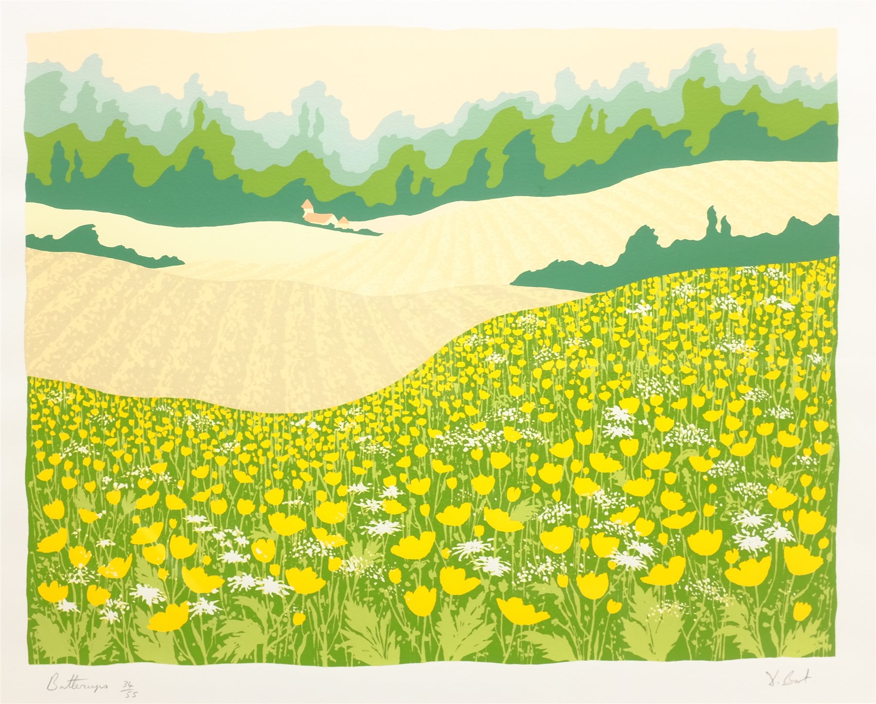 Dorothy Bart (British 20th/21st century): 'Buttercups', limited edition screen print signed titled and numbered 34/55 in pencil 40cm x 50cm; R Macher (20th century): Staircase, limited edition woodblock print indistinctly signed and numbered 17/60, 54cm x 42cm (2)