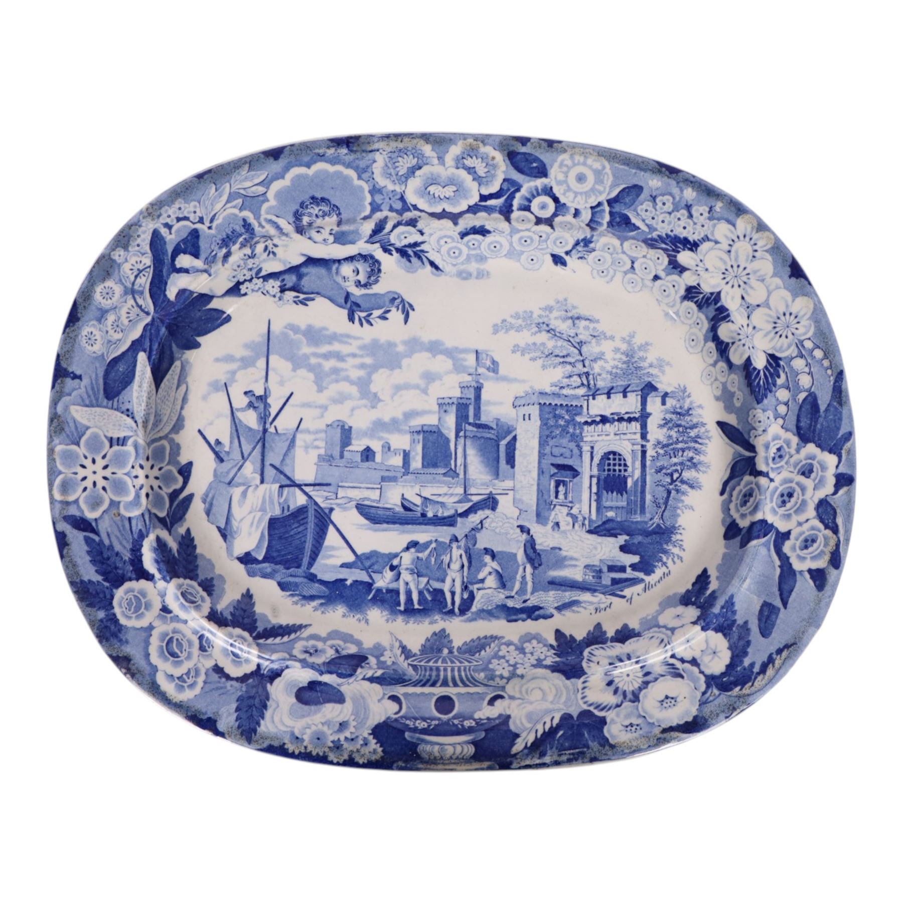 Two 19th century blue and white transfer printed pottery meat plates, the first by Don Pottery decorated in the Port of Alicata Italian and Sicilian views pattern, L38cm the second decorated in a Wild Rose type pattern variant, L37.5cm