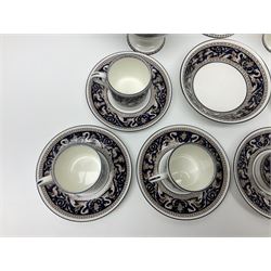 Wedgwood navy Florentine pattern coffee service for six, comprising coffeepot, coffee cans and saucers, milk jug, twin handled covered sucrier and small dish