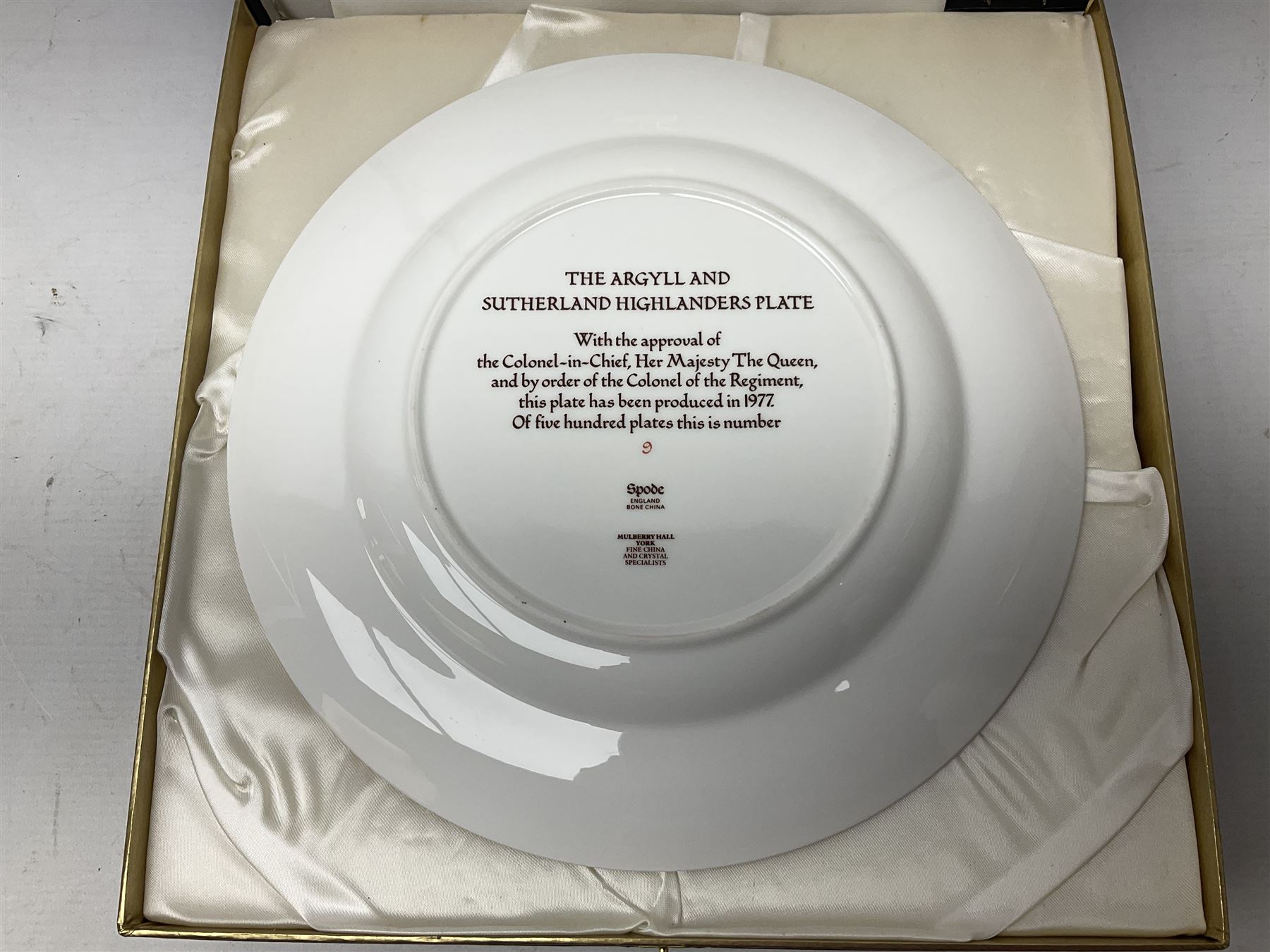 Five Spode Mulberry Hall limited edition Regimental commemorative plates - Argyll & Sutherland Highlanders No.9/500; Cheshire Regiment No.352/500; Kings Own Scottish Borderers No.113/500; Black Watch Royal Highland Regiment No.331/500; and Royal Welch Fusiliers No.309/500; all boxed with certificates (5)