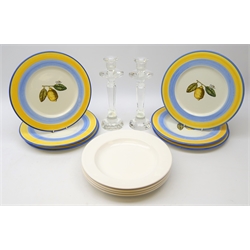  Set of ten Villeroy & Boch Amarillo round platters, D32cm set of four plain ground soup bowls and pair modern faceted glass candlesticks (12)  