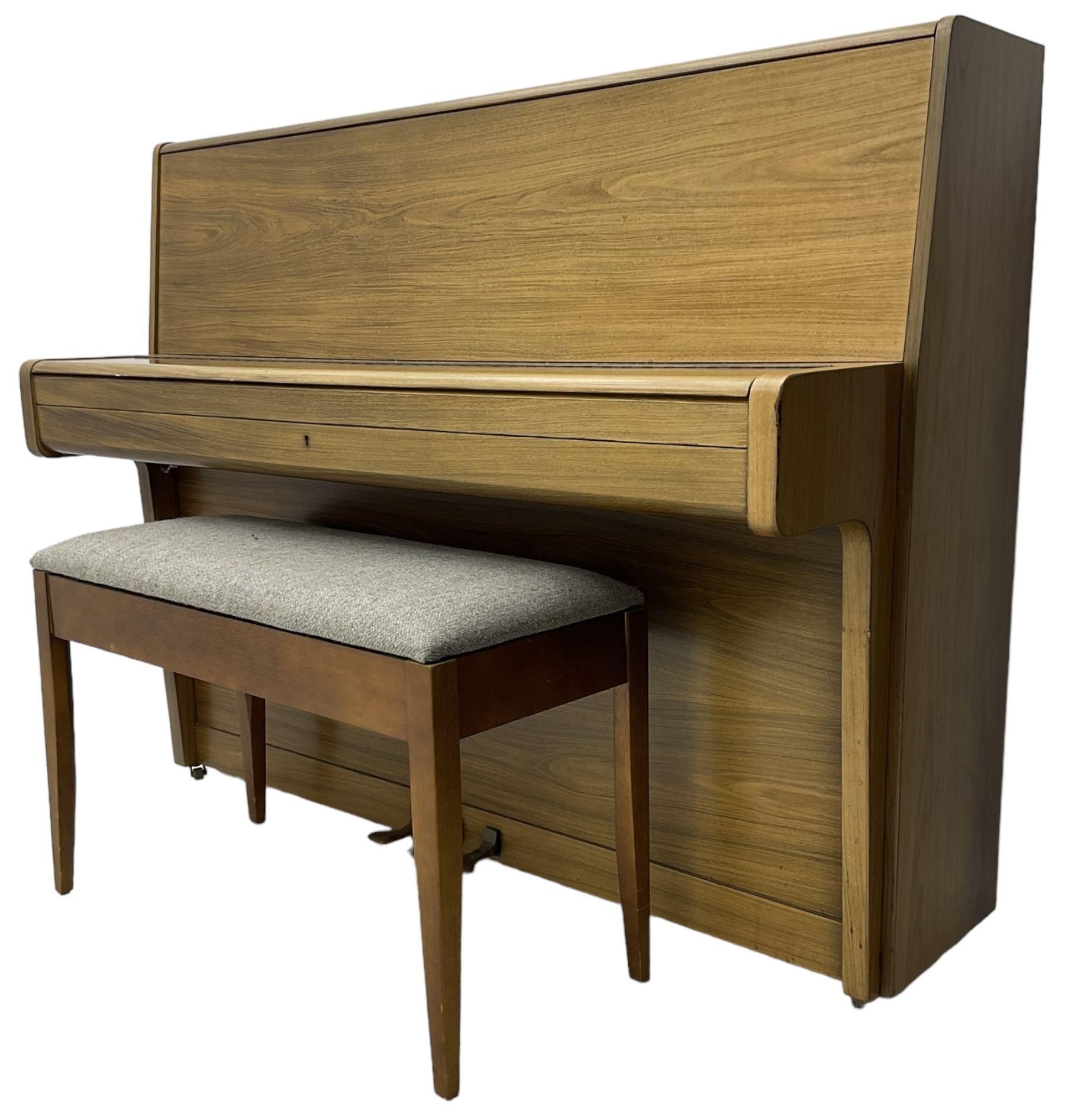 Welmar - English walnut cased upright piano, overstrung frame with a Langer underdamper action; serial No 107859 (1990) with practise, sostenuto and una corda pedals, 88 note seven octave keyboard, with matching duet stool.