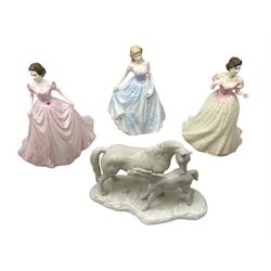 Three Royal Doulton figures, comprising Faith HN4151, Hope HN4097 and Charity HN4243, together with a horse and foal figure group