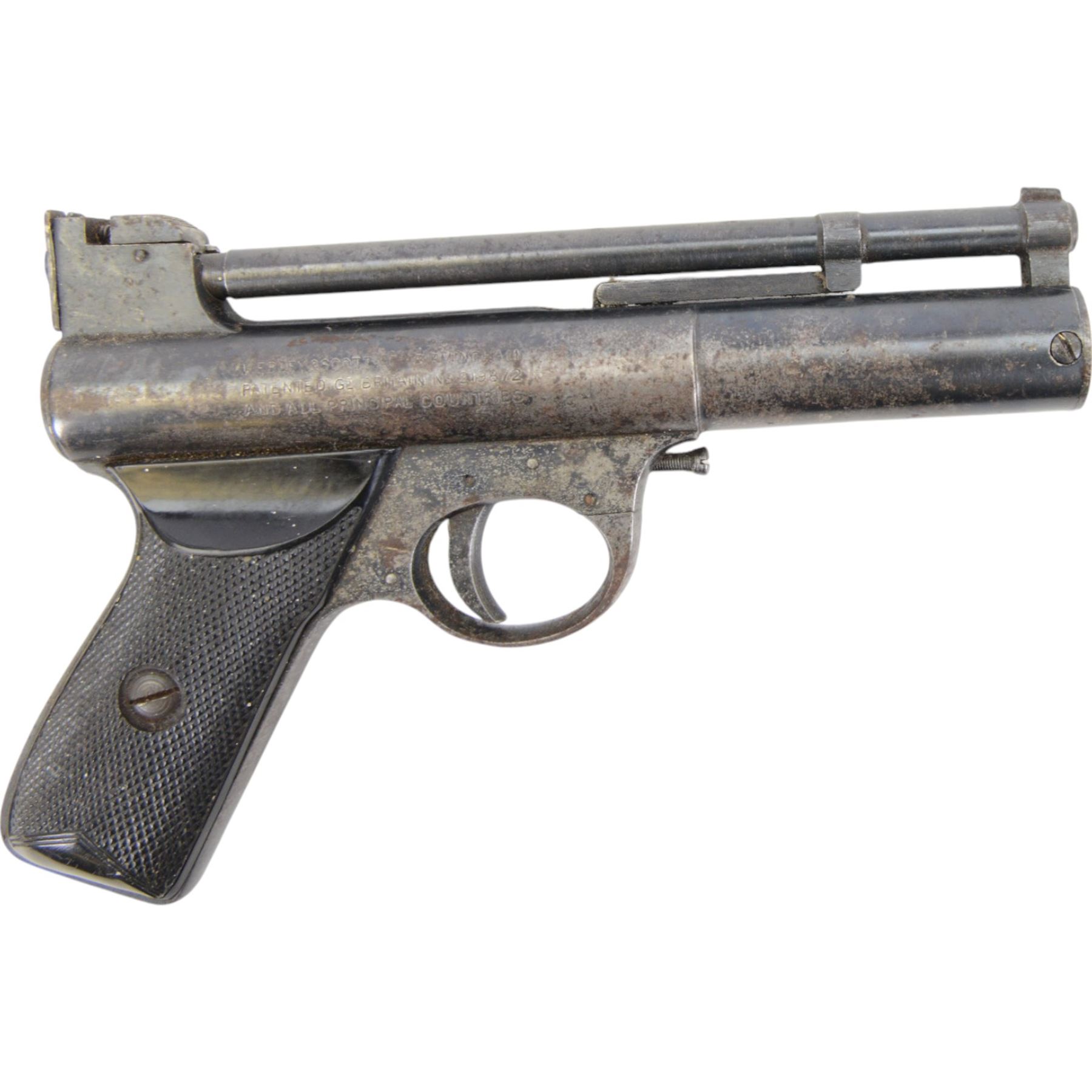 Webley Mark I .177 air pistol, serial number 26401, the air chamber marked 'Webley Mark I Made in England, Webley & Scott Ltd Birmingham Patented Gt Britain No 219872 and all Principle Countries', with checkered grip, H14cm, L19cm
