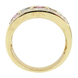 9ct gold trilliant cut pink and green sapphire half eternity ring, with diamond chips set either side, hallmarked