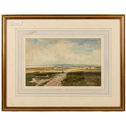 Thomas Swift Hutton (British 1860-1935): Shepherd Herding Flock through a Flat Landscape, watercolour signed 20.5cm x 32.5cm