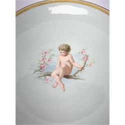 Late 19th century Minton cabinet plate, circa 1880, attributed to Antonin Boullemier, decorated with a putti perched upon a blossoming branch upon a pale blue ground, with Minton globe and Thomas Goode mark beneath, D24cm