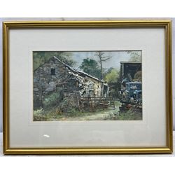 George Busby (Northern British 1926-2005): The Farmyard, watercolour signed and dated '90, 18cm x 27cm