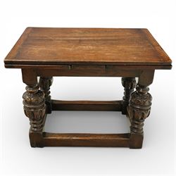 Miniature Elizabethan style oak draw-leaf table, rectangular top with two opposing draw leaves, raised on four bulbous turned supports united by peripheral stretchers