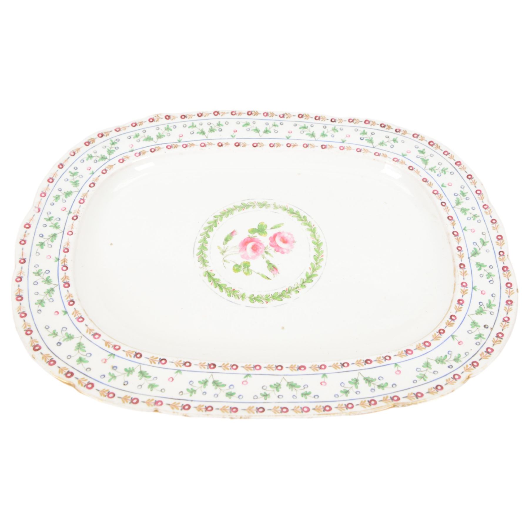 19th century serving platter, hand painted with floral sprig to the centre with floral and foliate borders, possibly Nantgarw, W48.5cm