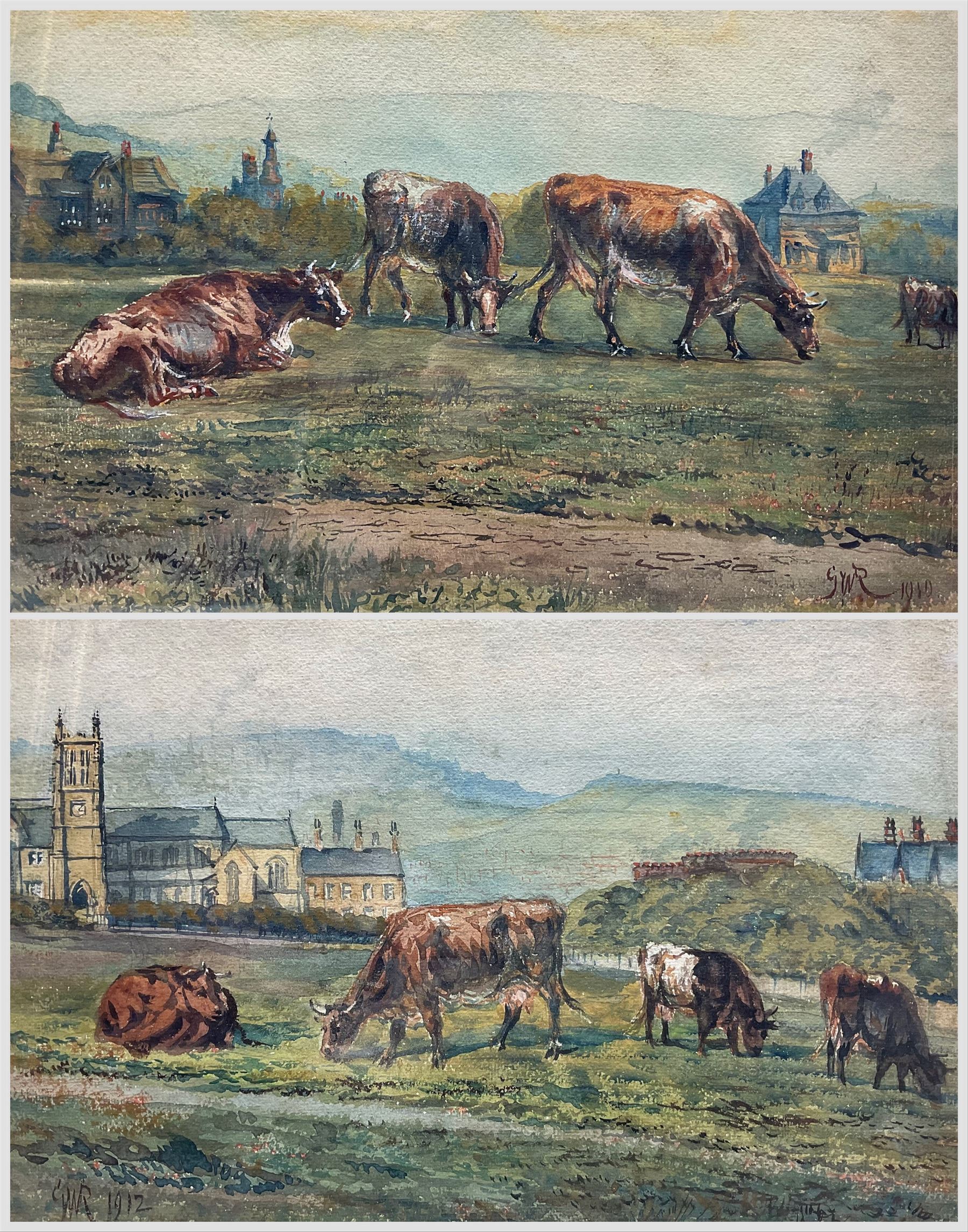 GWR (British Early 20th century): Cattle Grazing in a Town-side Pasture, pair watercolour signed and dated 1910/1912, 28cm x 38cm (2)