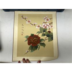 Six Chinese silks on fabric panels embroidered with birds on blossoming branches, along with three other Chinese painted silks 