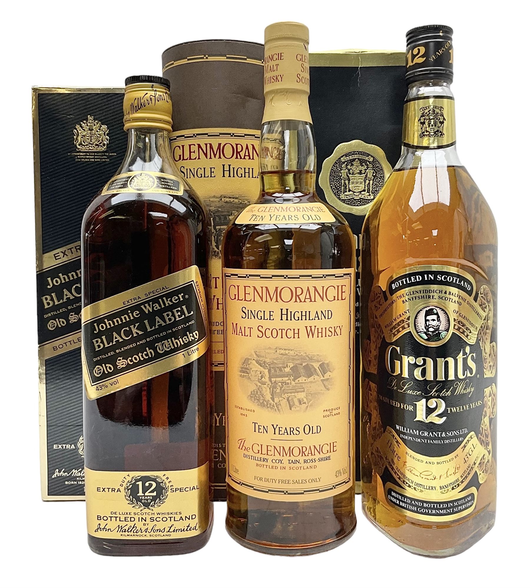 Glenmorangie, ten year old Scotch whisky, 1 litre 43% vol, Grant's twelve year old Scotch whisky 1 litre, 43 G.L and Johnnie Walker Black Label, twelve year old Scotch whisky, 1 litre 43% vol, all boxed (3)