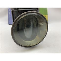Black painted three colour railway lamp with revolving filters, H29cm; BR Acme Thunderer whistle; three railway peaked caps, two with BR Intercity 125 badge; small album of photographs of railway interest etc