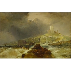 English School (19th century): Ship floundering off Dunstanburgh Castle Northumberland, oil on board unsigned, original inscribed title label verso 30cm x 45cm