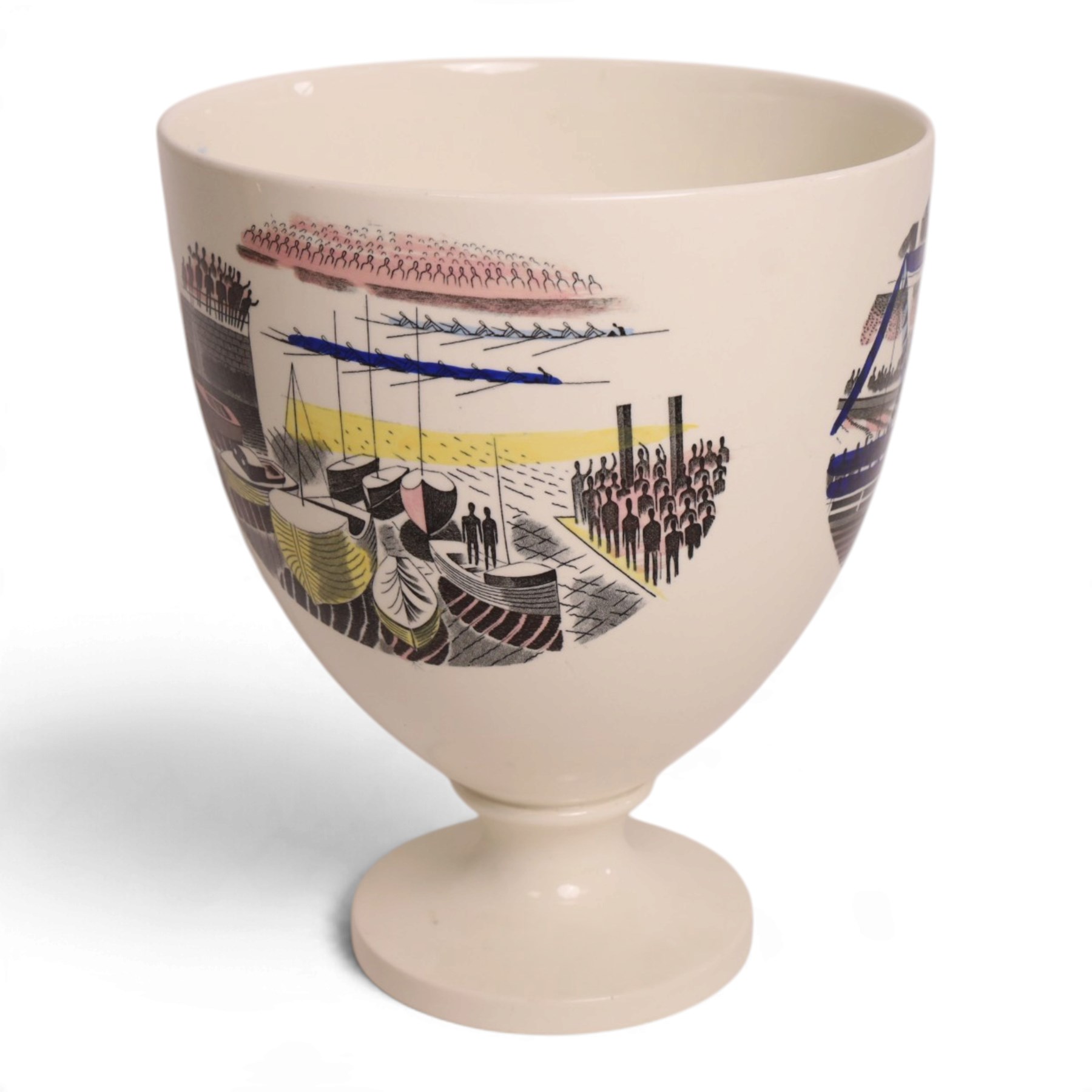Eric Ravilious (British 1903-1942) for Wedgwood, a 'Ravilious' Boat Race pedestal vase, designed c1938, Queen's ware jug with transfer printing and hand painting, impressed and printed marks to base, H25.5cm 