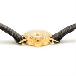 Piaget ladies 18ct gold manual wind wristwatch, silvered / champagne engine turned dial with dagger hour markers, back case No. 5635, Birmingham import mark 1956 with Helvetia hallmark, on black leather strap