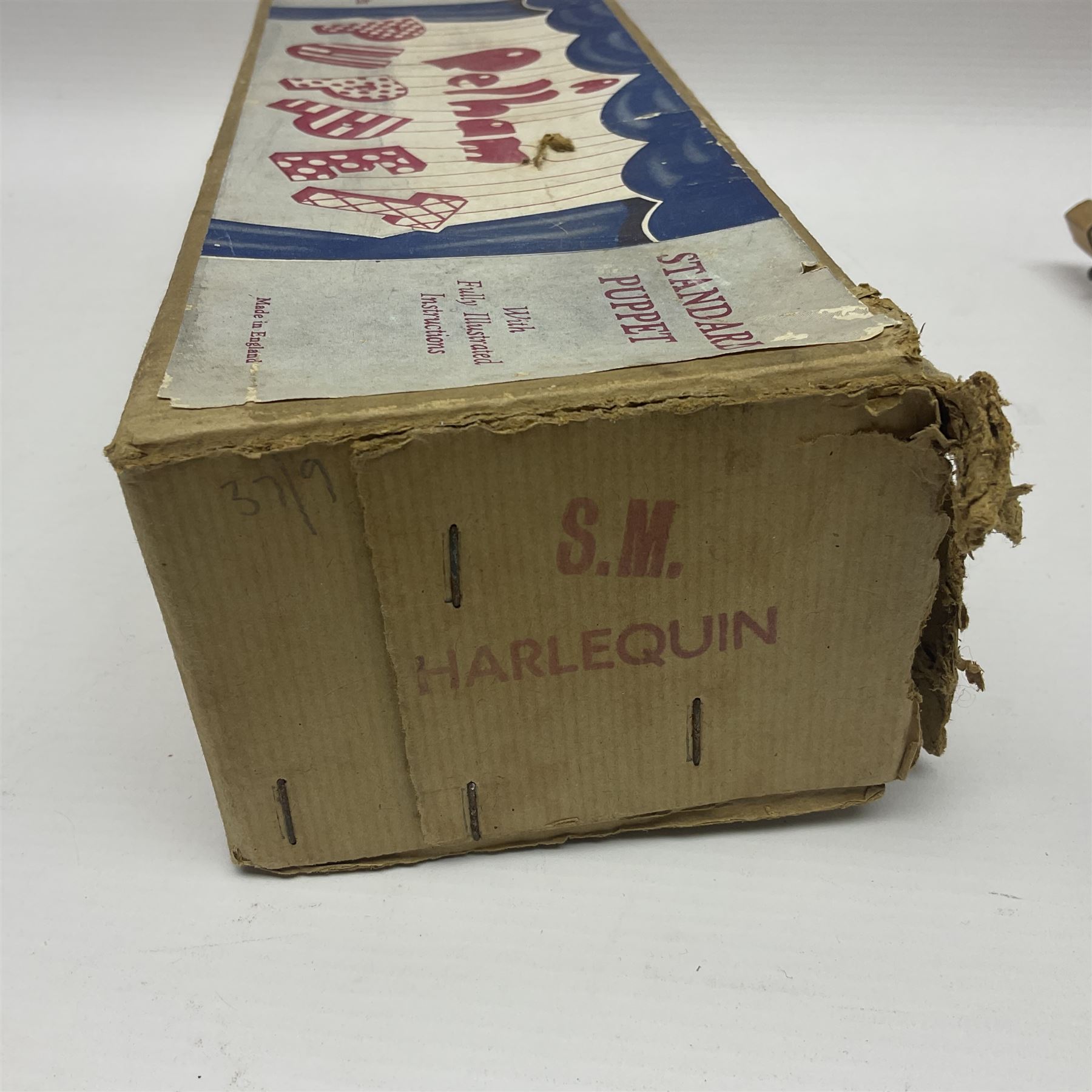 Pelham Puppet - a rare type SM Harlequin circa 1950s with painted black face mask, black felt hat, green ruff and red white chequered suit, H31cm; in original box with instructions 