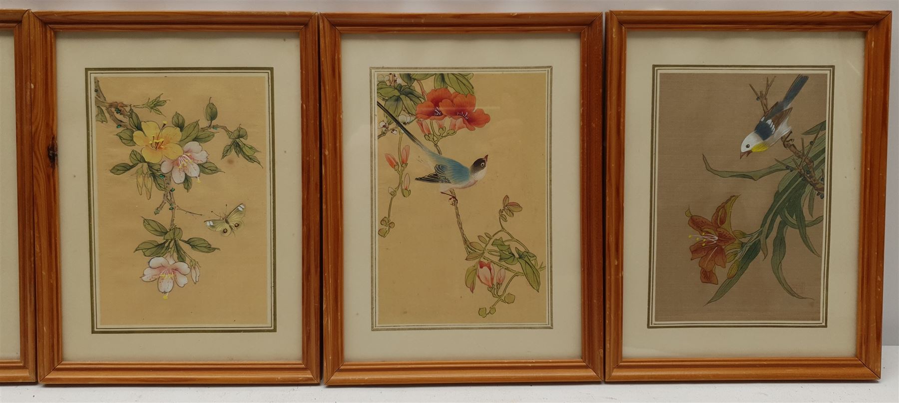 Chinese School (20th century): Birds and Flowers, set five watercolours on silk 18cm x 12cm, an etching of Tin Ghaut Whitby and a print of the same subject max 21cm x 13cm (7)