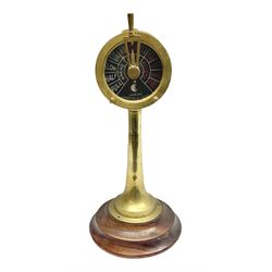 Small ship's brass telegraph with dual lever action, the dial inscribed 'Chadburns Liverpool & London' on turned hardwood stepped base H44cm