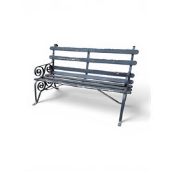 Coalbrookdale - rare pair of wrought iron and slatted wood garden benches, the twin wrought iron strapwork bench-ends formed of four scrolls over splayed feet, number 77 in the Coalbrookdale Castings Catalogue (see illustration)