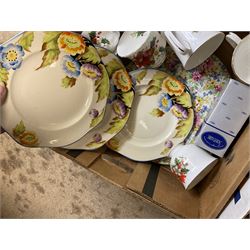Royal Albert Poinsettia pattern part tea service, including tea cups, mugs, dessert plates, cake plate, together with James Kent plates, Crown Staffordshire Vermouth ceramic decanter label, glassware etc, two boxes 
