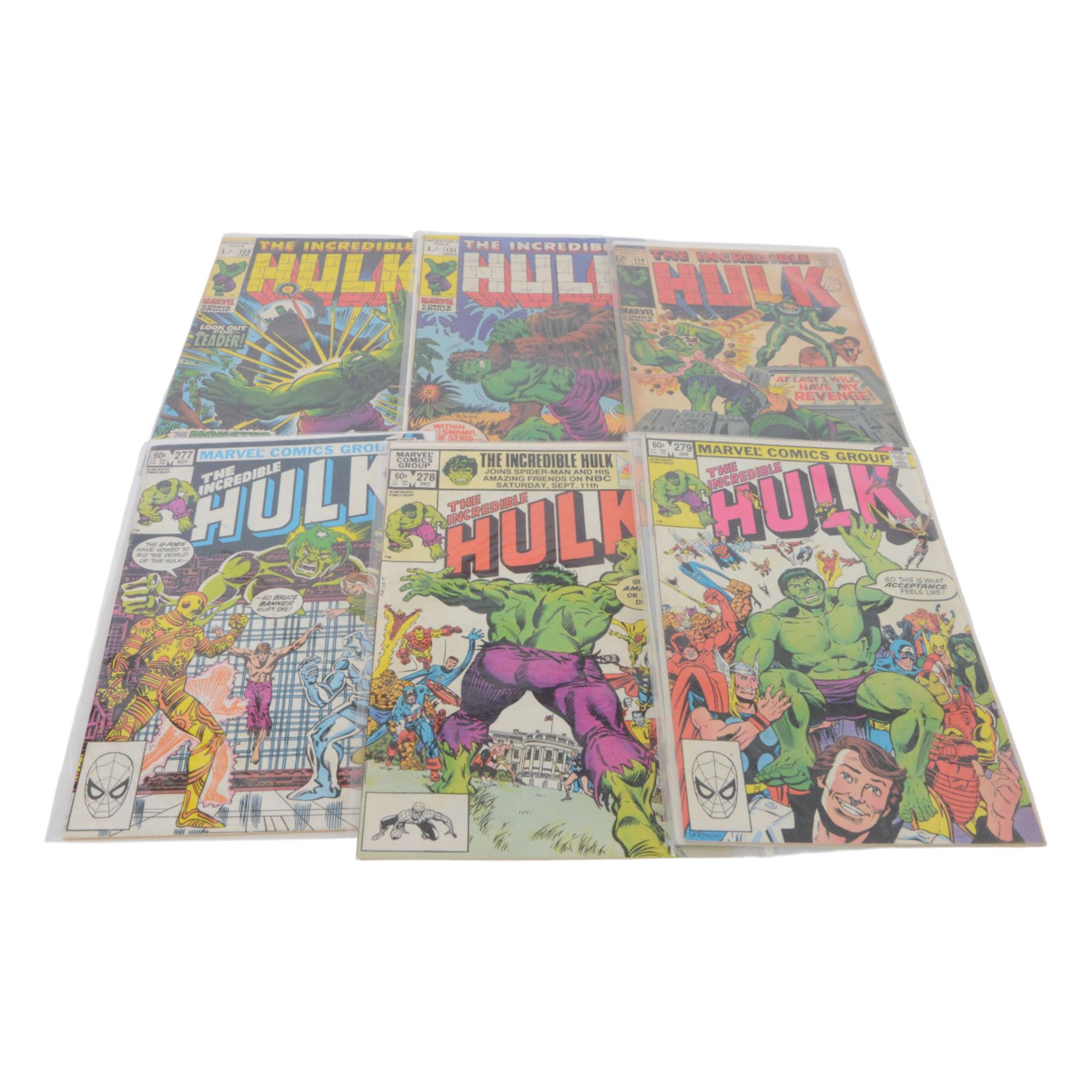 Fifty Marvel 'The Incredible Hulk' comic books, spanning years 1969- 1986, comprising #114, #121, #123, #124, #125, #127, #134, #135, #136, #138, #164, #165, #166, #167, #168, #172, #178, #191, #197, #198, #199, #200, #252, #258, #261, #262, #266, #269, #270, #272, #276, #277, #278, #279, #280, #281, #282, #283, #314, #315, #316, #317, #318, #319, #320, ##321#322, #323, all bagged, some card backed