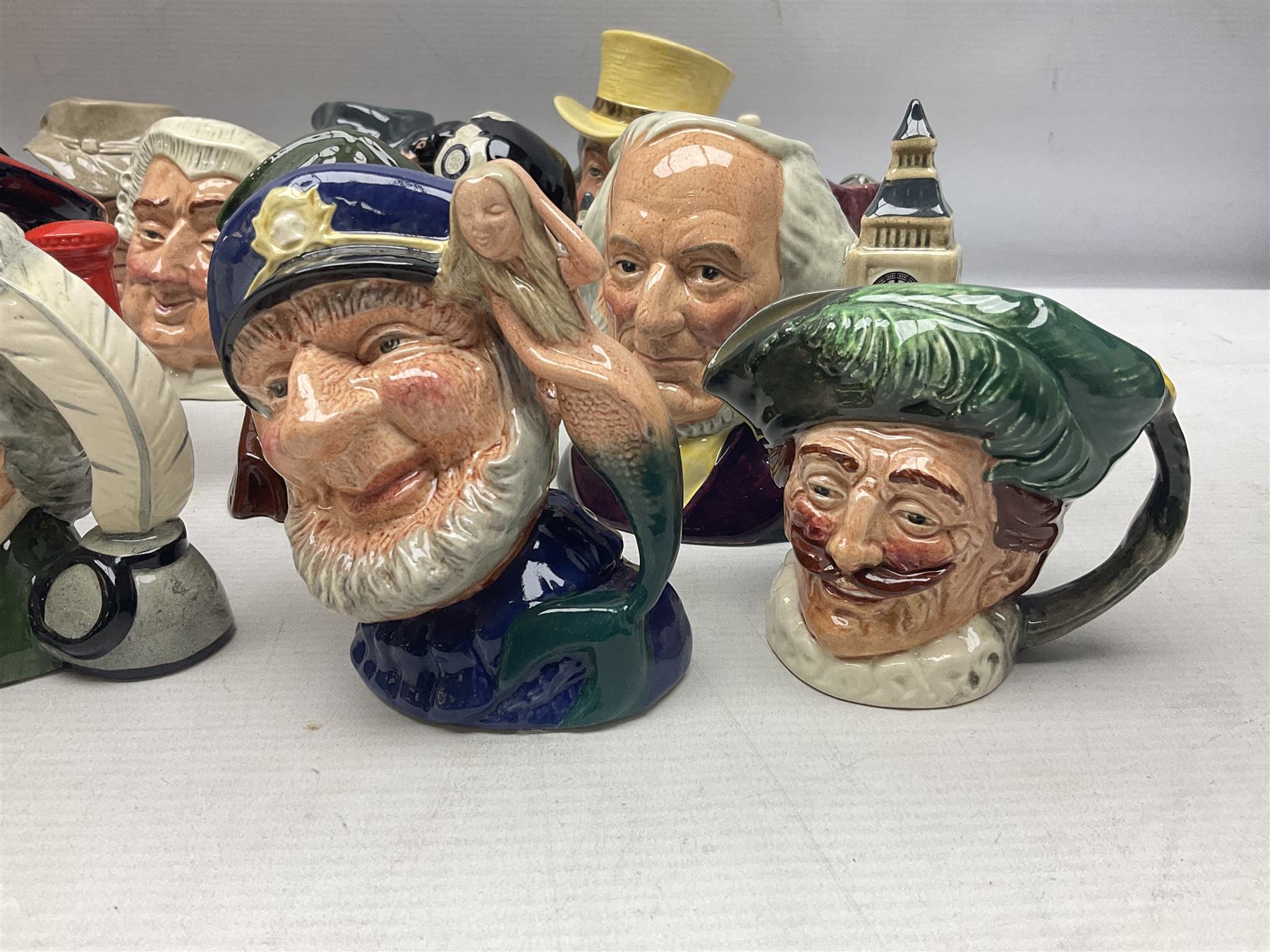Large collection of Royal Doulton miniature character jugs, to include The Postman D6801, The London 'Bobby' D6762, Old Salt, D6554, Sir Henry Doulton D6703 etc  