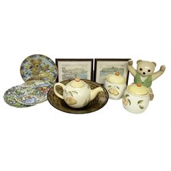 Glassware bowl, together with, two framed prints, teddy bear money box, collectors plates and other collectables 