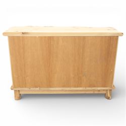 Paul Hodgkiss Designs of Glasgow - contemporary figured elm sideboard, burred elm organic form top, with frosted glass cabinet wrought metal handles revealing a fixed shelf interior, with three shaped drawers enclosing a fitted cutlery drawer, raised on square block feet 