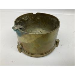 Trench Art - three WW2 brass shell case ashtrays, one mounted with Royal Artillery cap badge and button and one mounted with RA button; together with a pair of place name holders each formed from a Royal Artillery cap badge (5)