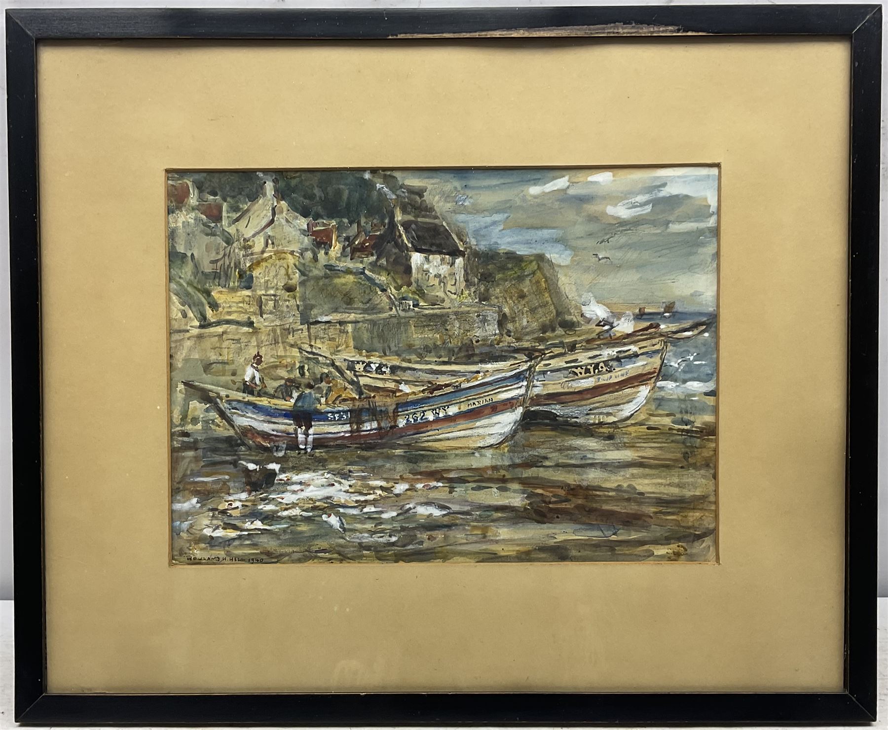 Rowland Henry Hill (Staithes Group 1873-1952): Whitby Cobles at Runswick Bay, watercolour signed and dated 1940, 24cm x 34cm