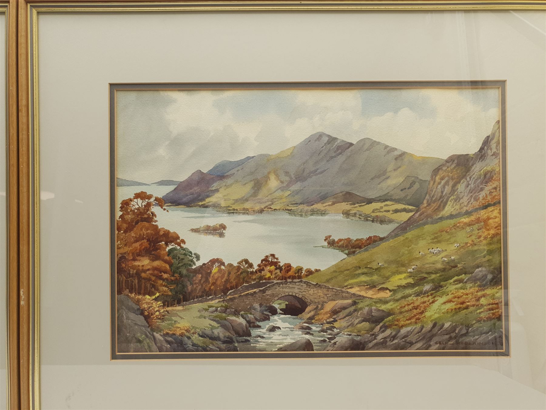 Cecil Thomas Hodgkinson (British 1895-1979): Serene Loch Landscapes, pair watercolours signed 33cm x 48cm; English School (19th/20th century): Waterfalls, pair watercolours unsigned 33cm x 48cm (4)