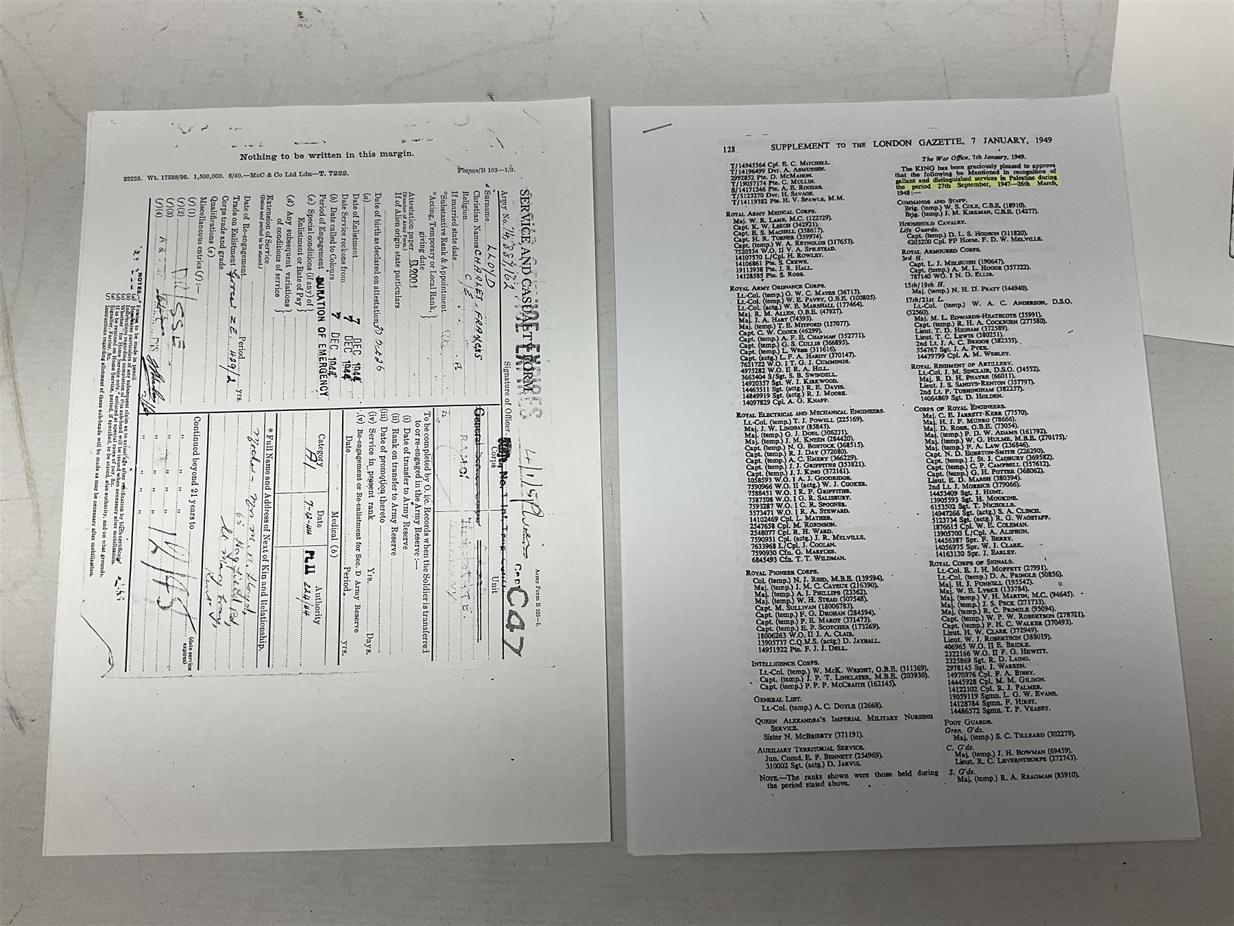 George VI General Service Medal with two clasps for Palestine 1945-48 and Cyprus and MID oak leaf awarded to 14887162 Sjt. C.F.A. Lloyd R.A.M.C. together with WW2 War Medal 1939-1945; both with ribbons; and quantity of photocopied research material including Army Records and London Gazette