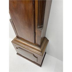 Late 18th century clock movement and dial, square brass dial with Arabic and Roman chapter ring signed 'Thos. (Thomas) Johnston, Dublin', with subsidiary seconds dial and calendar aperture, the dial set with ornate mask cast spandrels, twin train eight day movement striking on bell, with anchor escapement (34.5cm x 34.5cm, 13 1/2