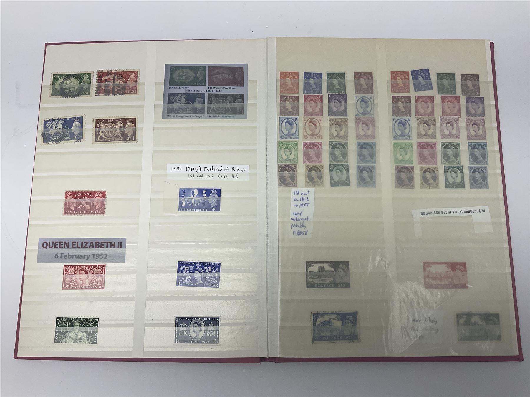 Mostly Great British stamps, including King Edward VII two shillings and sixpence, five shillings and ten shillings, King George V seahorses, King George VI high values, Queen Elizabeth II pre and post decimal etc, housed in a pink stockbook 