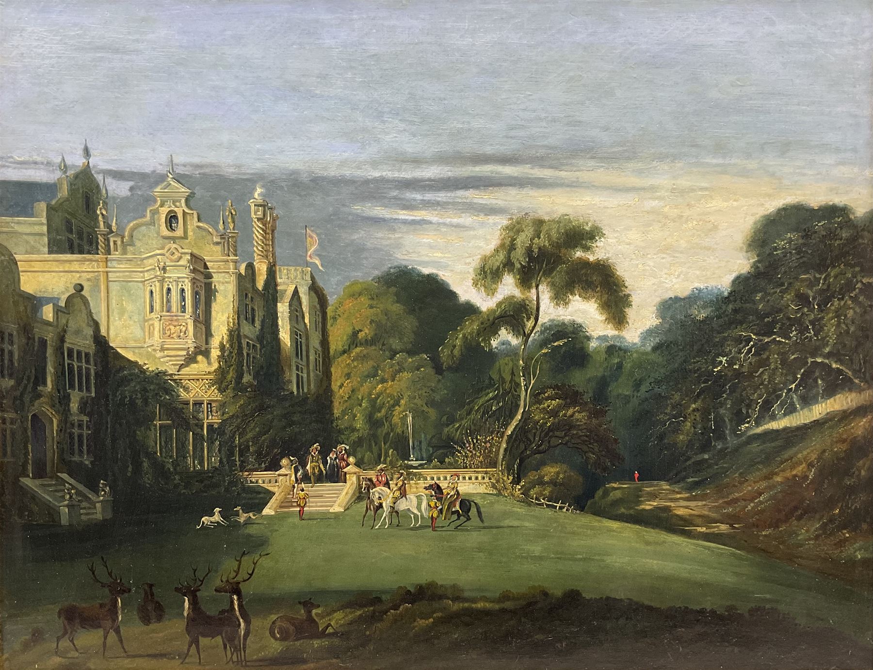 English School (19th century): The Regency Hunting Party outside a Jacobean Manor, oil on canvas unsigned 70cm x 90cm 
Notes: the manor's composition appears to be copied from Samuel Reed's 'Prodigal Son' 