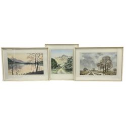 Norman Jackson (British 20th century): Sunset Lake Landscape and Flatland Landscape with Hilly Scene, pair watercolours together with a smaller by the same hand, signed max 31cm x 51cm (3)